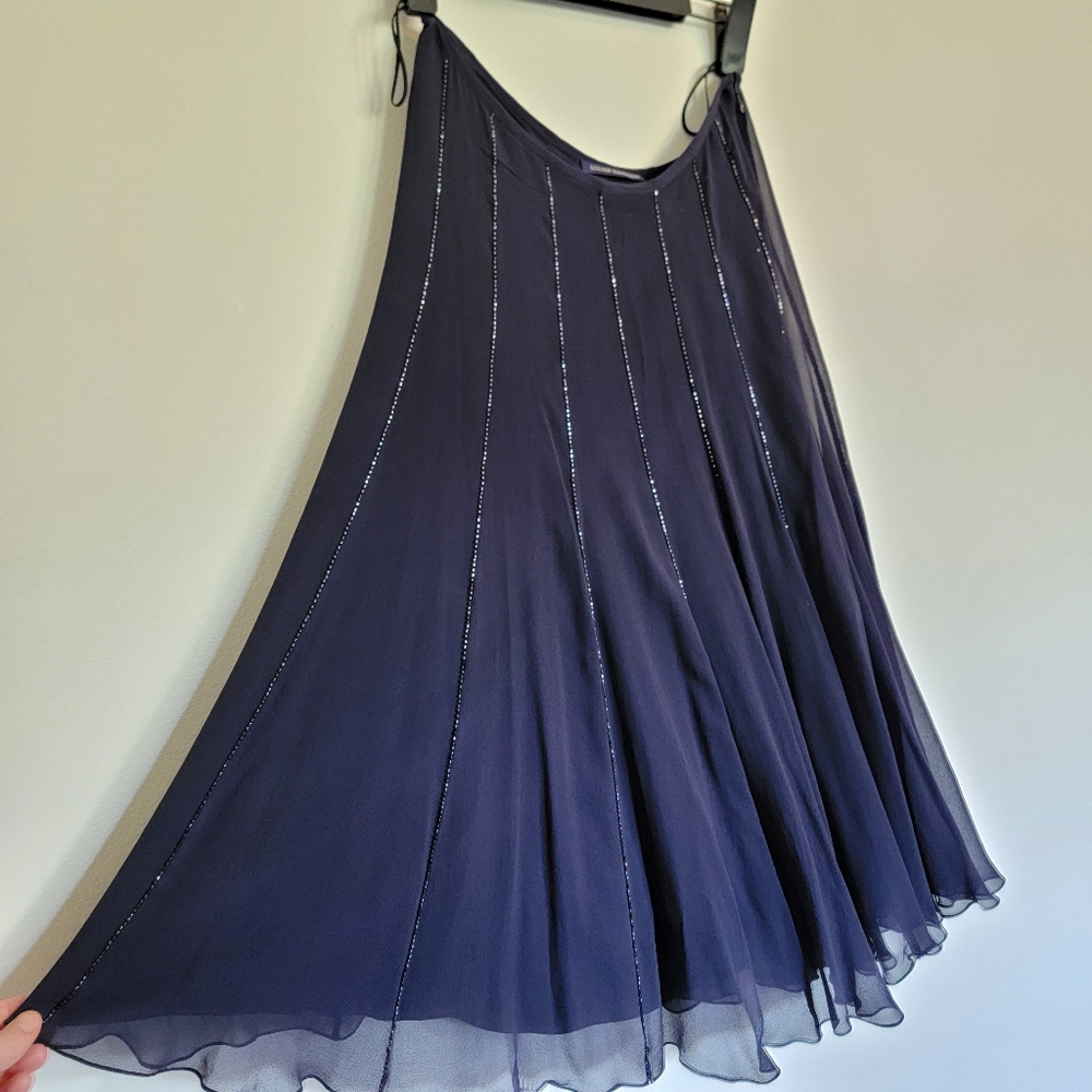 Vintage 100% Silk Bedaded Navy Blue Louise Kennedy Skirt Size 10